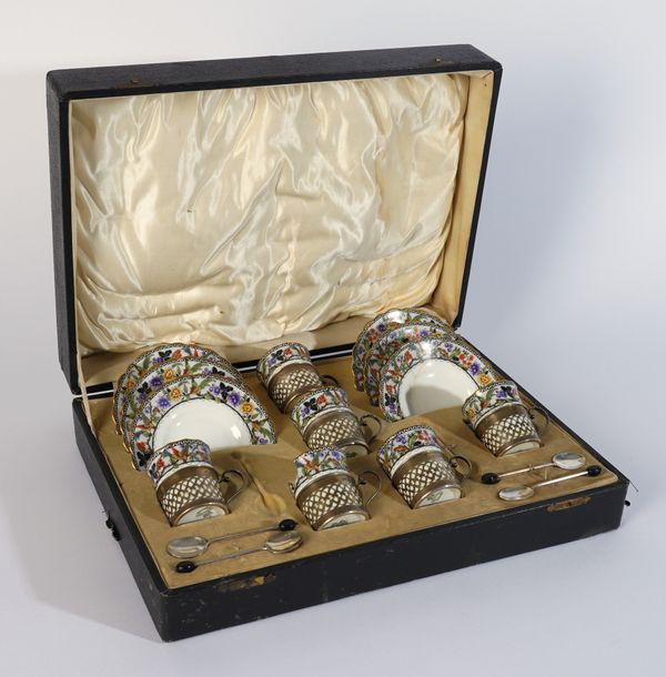 A SILVER MOUNTED AYNSLEY PORCELAIN CABARET SET