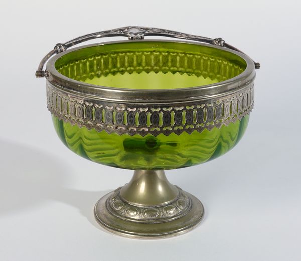 A W.M.F. SILVER PLATED METAL MOUNTED GREEN GLASS PEDESTAL BOWL