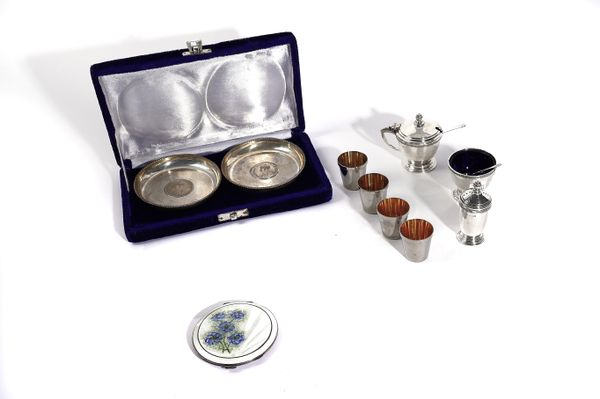 A SILVER THREE PIECE CONDIMENT SET AND FURTHER ITEMS (13)