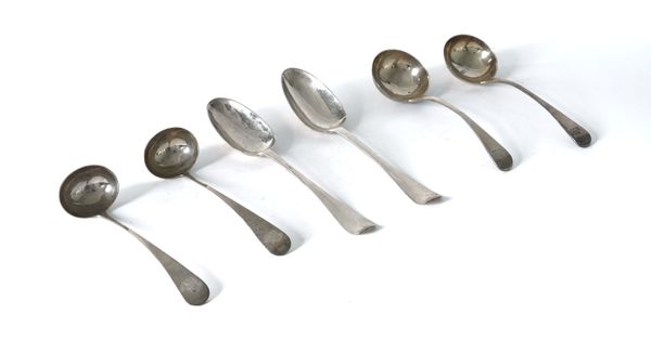 TWO PAIRS OF SILVER LADLES AND TWO SILVER DESSERT SPOONS (6)