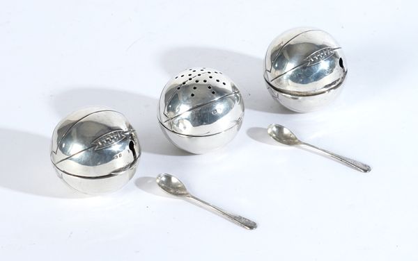 THREE SILVER NOVELTY CRUETS AND TWO SPOONS (5)