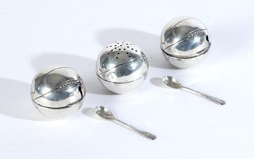 THREE SILVER NOVELTY CRUETS AND TWO SPOONS (5)