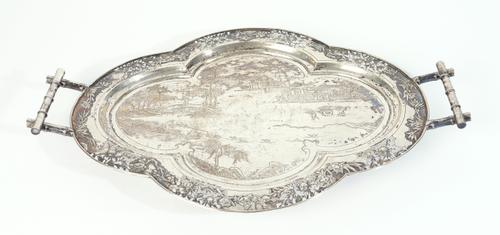 AN ASIAN TWIN HANDLED TRAY