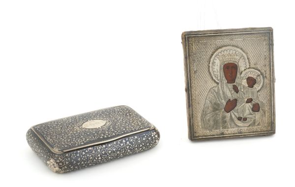 A NIELLO DECORATED SNUFF BOX AND AN ICON (2)