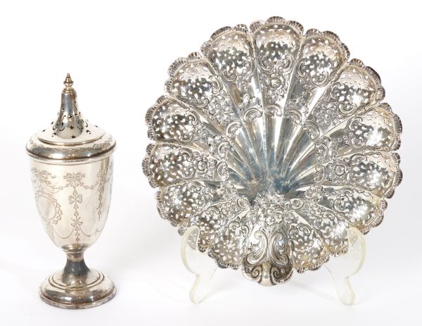 A LATE VICTORIAN SILVER DISH AND A SILVER SUGAR CASTER (2)