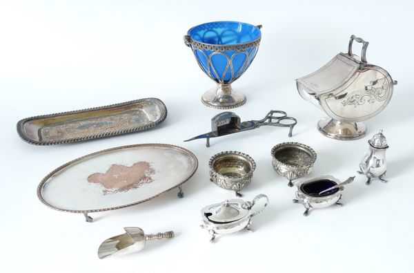 A PAIR OF SILVER SALTS AND A GROUP OF SILVER PLATED WARES (12)