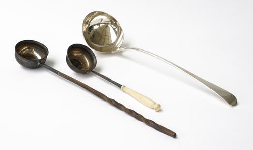A GEORGE III SILVER SOUP LADLE AND TWO FURTHER LADLES (3)