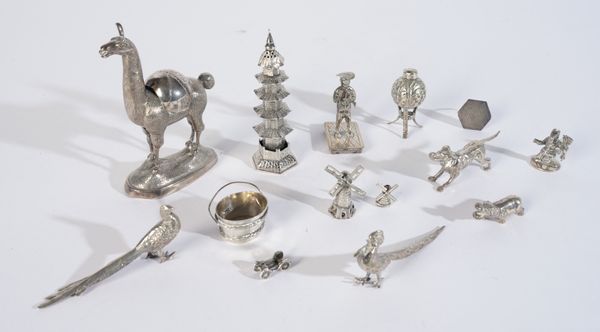 A GROUP OF SILVER, ASIAN AND FOREIGN MINIATURE AND CABINET ITEMS (14)