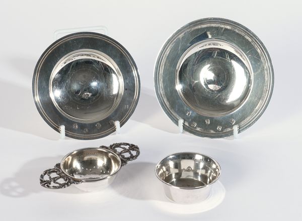 TWO SILVER ARMADA STYLE DISHES AND A SILVER TEA STRAINER (4)