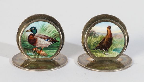 TWO SILVER & ENAMEL 'GAME BIRD' MENU HOLDERS