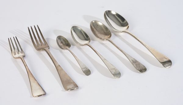 A GROUP OF MOSTLY VICTORIAN AND EARLIER SILVER OLD ENGLISH PATTERN TABLE FLATWARE (59)