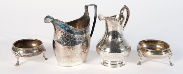 TWO SILVER CREAM JUGS AND A PAIR OF SILVER SALTS (4)