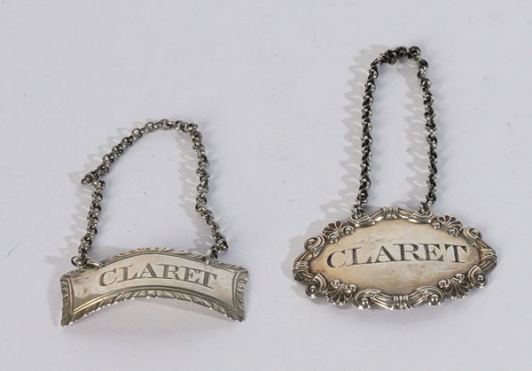 TWO SILVER DECANTER LABELS (2)