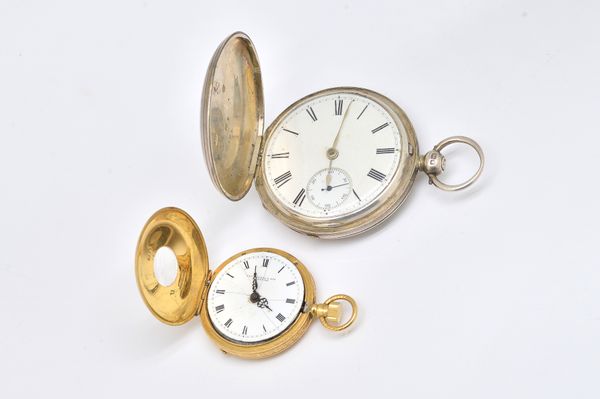 AN 18CT GOLD KEYLESS WIND, HALF HUNTING CASED FOB WATCH AND A SILVER HUNTING CASED POCKET WATCH (2)