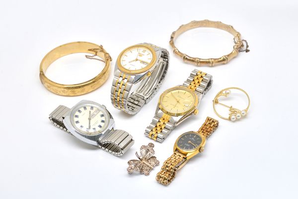 FOUR WRISTWATCHES AND FOUR ITEMS OF JEWELLERY (8)