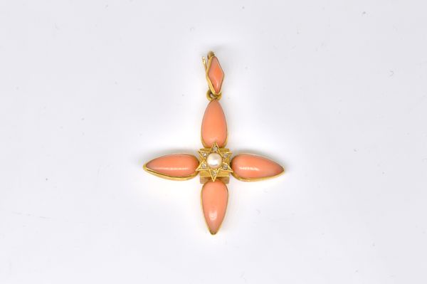 A VICTORIAN GOLD, DIAMOND, CORAL AND HALF PEARL SET PENDANT