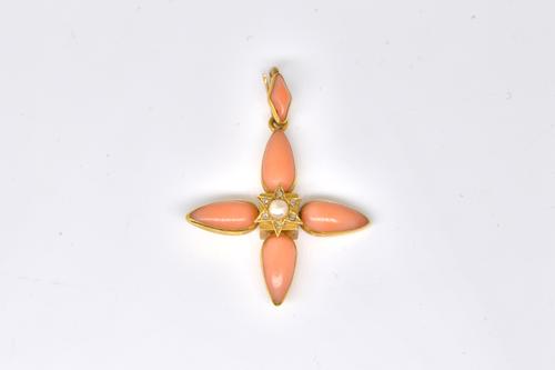 A VICTORIAN GOLD, DIAMOND, CORAL AND HALF PEARL SET PENDANT
