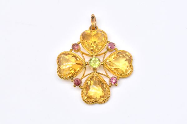 A GOLD, CITRINE, PERIDOT AND PINK TOURMALINE PENDANT