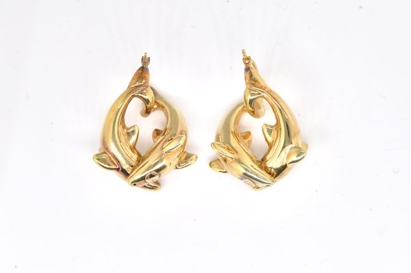 A PAIR OF GOLD EARRINGS DESIGNED AS DOLPHINS