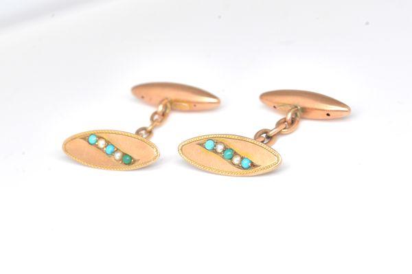 A PAIR OF GOLD, TURQUOISE AND SEED PEARL CUFFLINKS