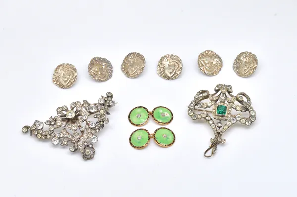 A PAIR OF GOLD, ENAMEL AND DIAMOND CUFFLINKS, SIX SILVER BUTTONS AND TWO PASTE BROOCHES (10)