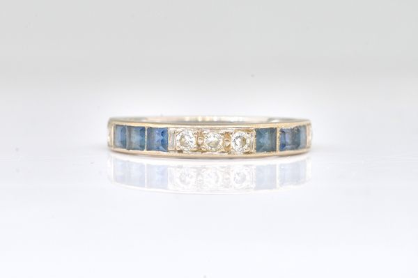 AN 18CT WHITE GOLD, SAPPHIRE AND DIAMOND HALF ETERNITY RING