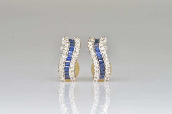 A PAIR OF 18CT WHITE GOLD, SAPPHIRE AND DIAMOND EARCLIPS
