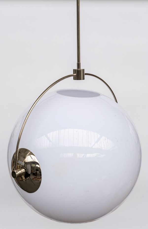 AN OVERSIZE WHITE GLOBE LAMP WITH CHROME EFFECT FITTINGS