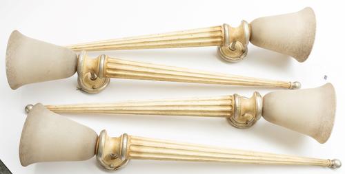 A SET OF FOUR PAINTED WOOD TORCH WALL SCONCES WITH GLASS SHADES