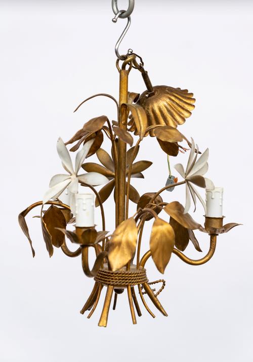 A FRENCH GILT-TOLE PEINTE FIVE-LIGHT CHANDELIER (2)