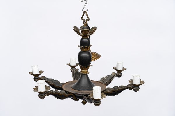 A RESTAURATION STYLE GILT-METAL AND PATINATED TOLE SIX-LIGHT CHANDELIER