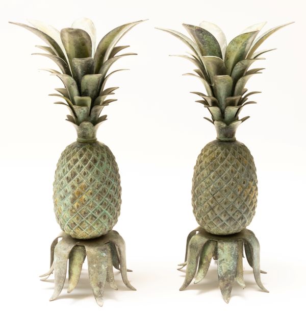 A PAIR OF PATINATED BRONZE PINEAPPLE FINIALS OR TABLE LAMP BASES