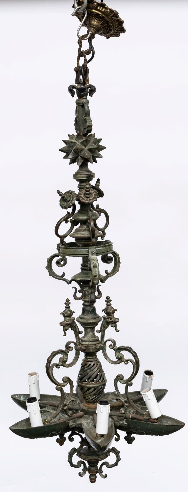 A CONTINENTAL VERDI-GRIS PATINATED BRONZE FOUR-LIGHT CHANDELIER