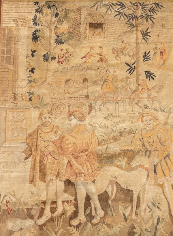 A FRENCH TAPESTRY DEPICTING COURTIERS IN SIXTEENTH CENTURY DRESS