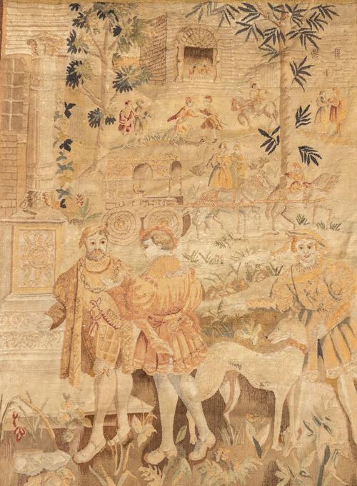 A FRENCH TAPESTRY DEPICTING COURTIERS IN SIXTEENTH CENTURY DRESS