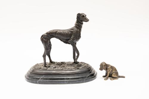 R. PETKO, BRONZE OF A HOUND, WITH ANOTHER BRONZE AFTER JULES PIERRE MENE (2)