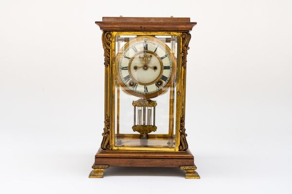 AN AMERICAN FOUR GLASS GILT-BRASS MOUNTED WALNUT MANTEL CLOCK