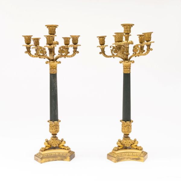 A PAIR OF RESTAURATION GILT AND PATINATED BRONZE SIX-LIGHT CANDELABRA (2)