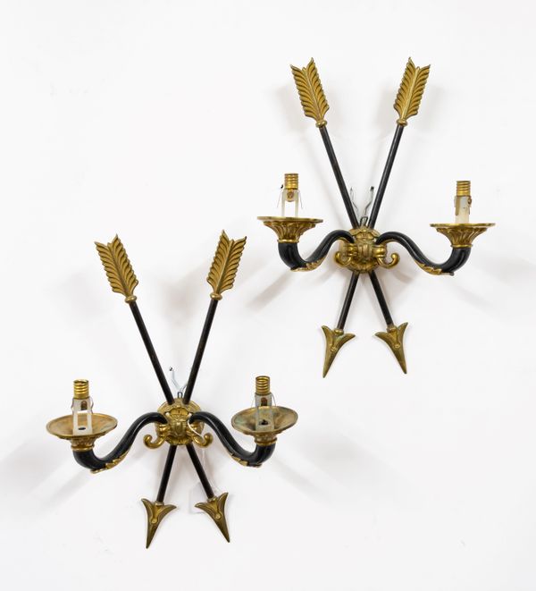 A PAIR OF EMPIRE STYLE CROSSED ARROW TWIN LIGHT WALL APPLIQUÉS (2)