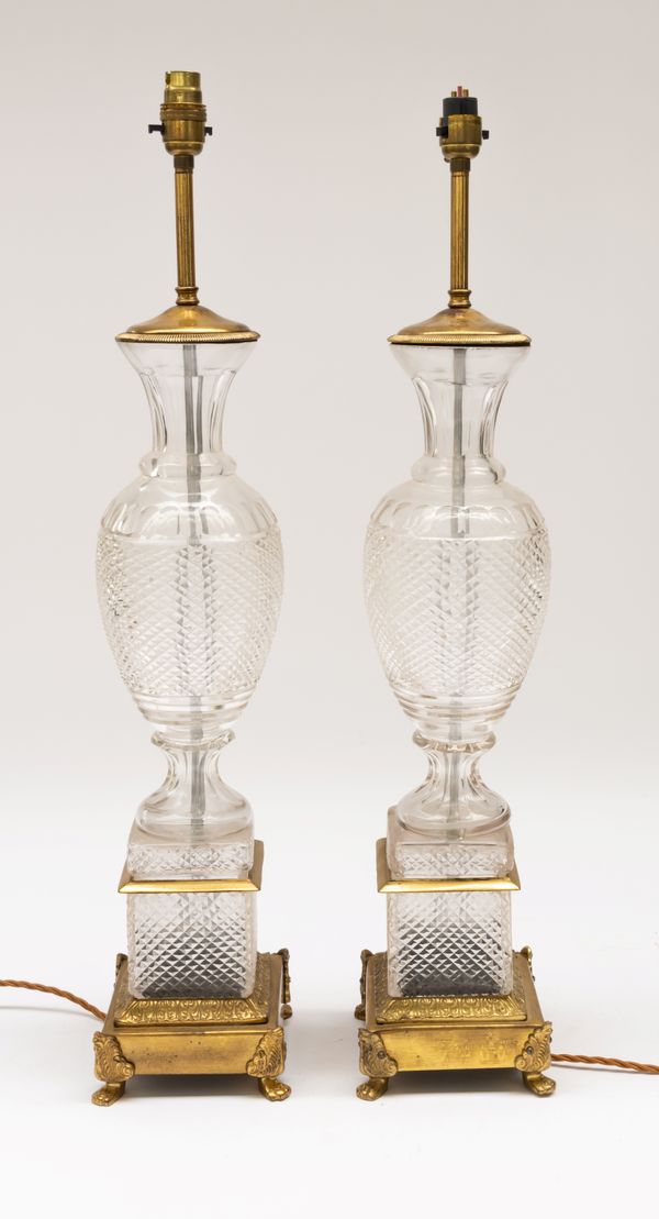 A PAIR OF GLASS AND GILT-METAL MOUNTED BALUSTER TABLE LAMPS (2)