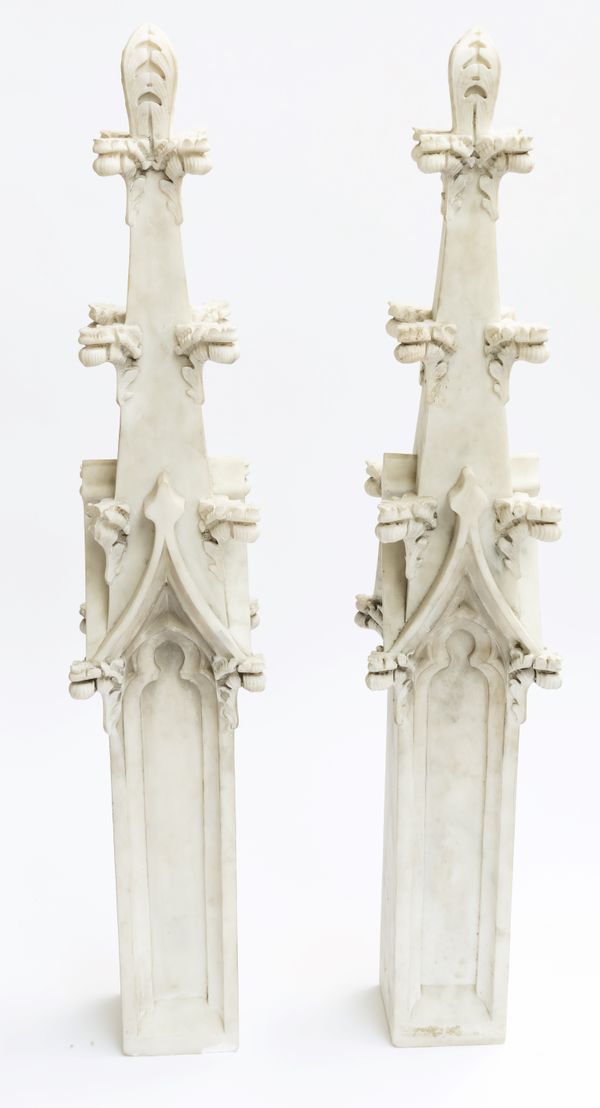 A PAIR OF MARBLE GOTHIC STYLE MODELS OF CATHEDRAL SPIRES AND BRACKETS (4)