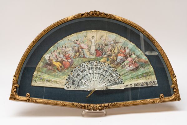 A FRENCH GOUACHE, PAPER AND MOTHER-OF-PEARL MOUNTED FAN