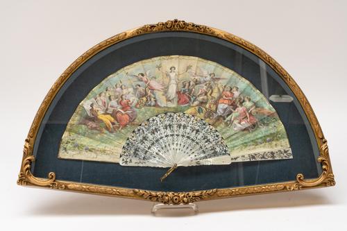 A FRENCH GOUACHE, PAPER AND MOTHER-OF-PEARL MOUNTED FAN