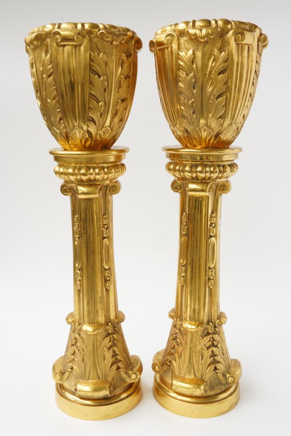 A PAIR OF GILT METAL JARDINIERES ON STANDS (2)