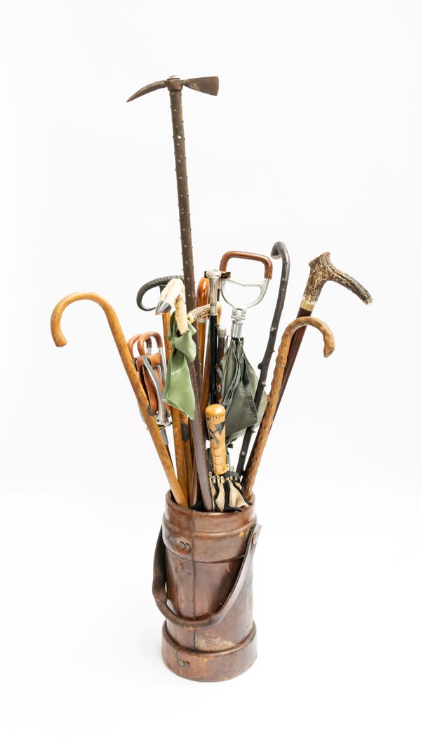 A LEATHER CORDITE/AMMUNITION BUCKET AND COLLECTION OF WALKING STICKS AND UMBRELLAS (17)