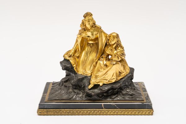 A GILT AND PATINATED BRONZE FIGURAL GROUP DEPICTING TWO FEMALE COMPANIONS