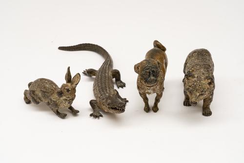 FRANZ XAVIER BERGMAN (1861-1936); AN AUSTRIAN COLD PAINTED BRONZE CROCODILE AND HARE, TOGETHER WITH A PUG DOG AND BEAR (4)