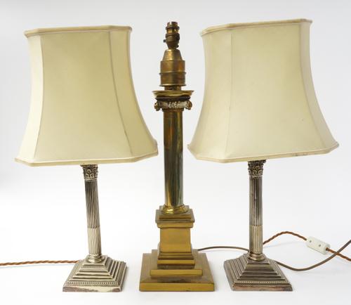A VICTORIAN McCARY’S PATENT GILT LACQUERED BRASS IONIC COLUMN TABLE LAMP (3)