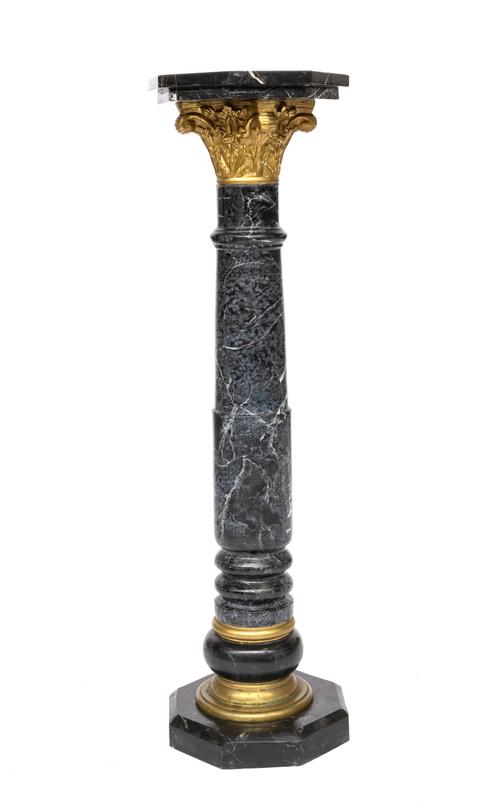 A GILT-BRONZE MOUNTED VARIEGATED BLACK MARBLE PEDESTAL COLUMN