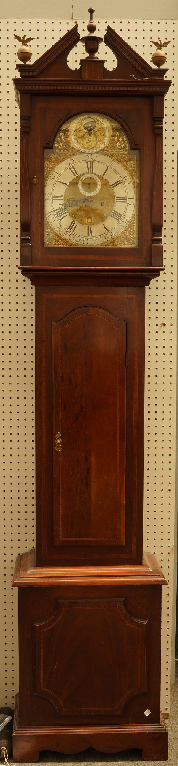 AN EDWARDIAN MAHOGANY CROSSBANDED AND CHEQUER INLAID LONGCASE CLOCK